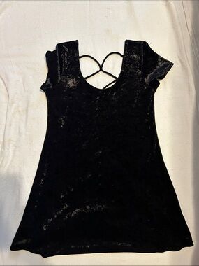 Black Velvet Short Sleeve Dress with Strappy Back Detail